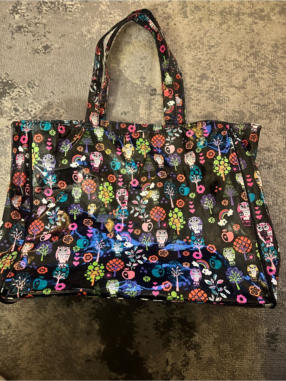 Black Tote Bag with Colorful Owl & Floral Print